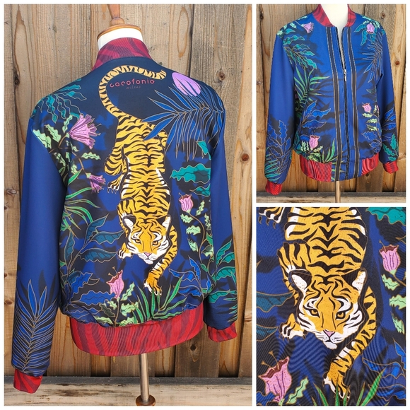 Cacofonia Milano Tiger Animal Print Floral Tropical Bomber Jacket Size M - Picture 1 of 10
